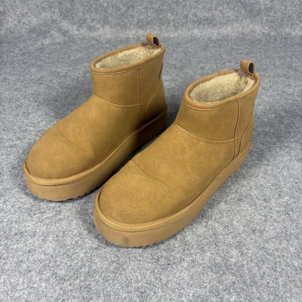 American Eagle Women's Platform Ankle Boots Tan Faux Suede Fur Lined Size‎ 6.5